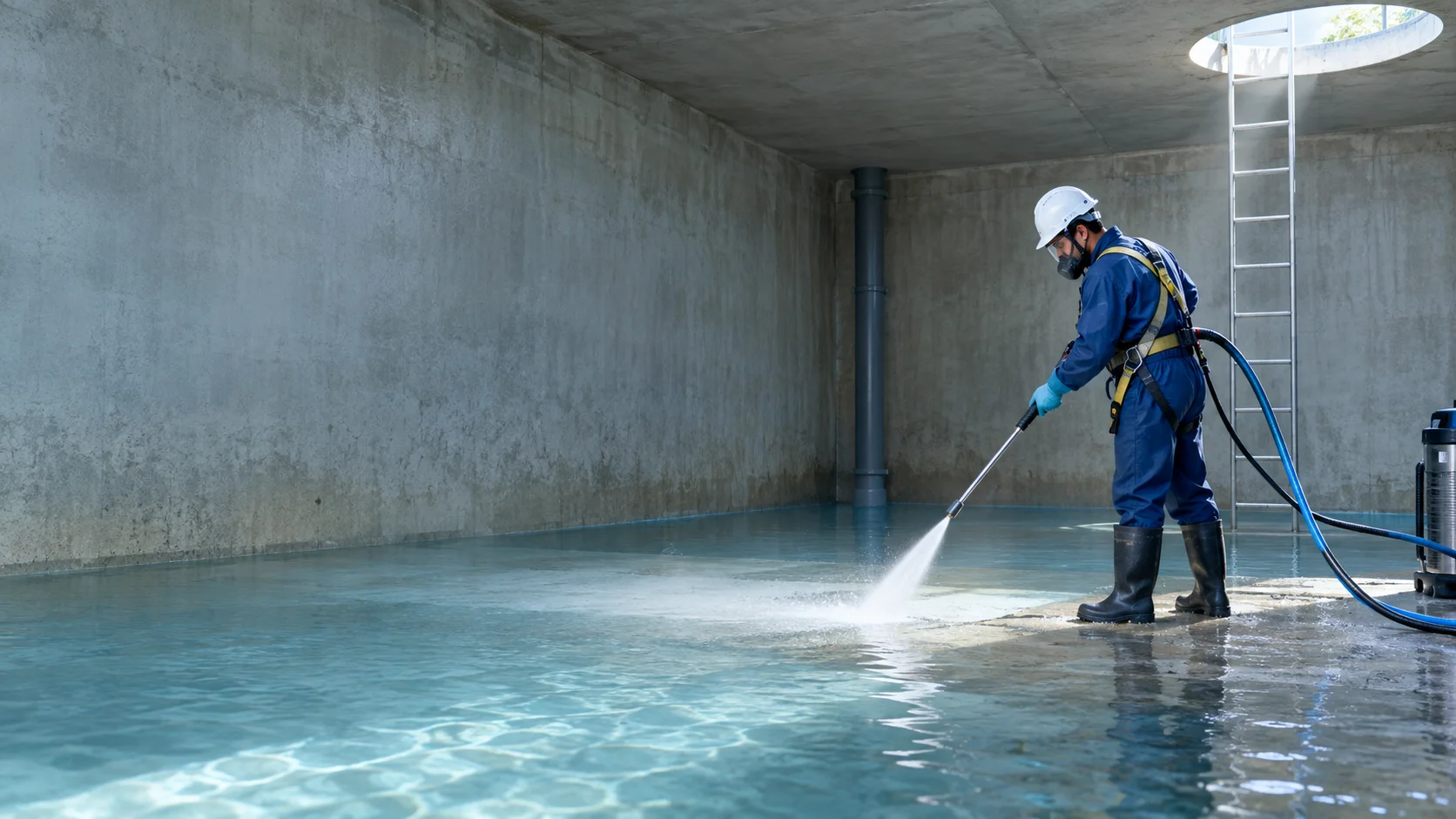 Khan Tank Cleaning crew jet washing an underground RCC water tank at a bungalow in DHA, Karachi