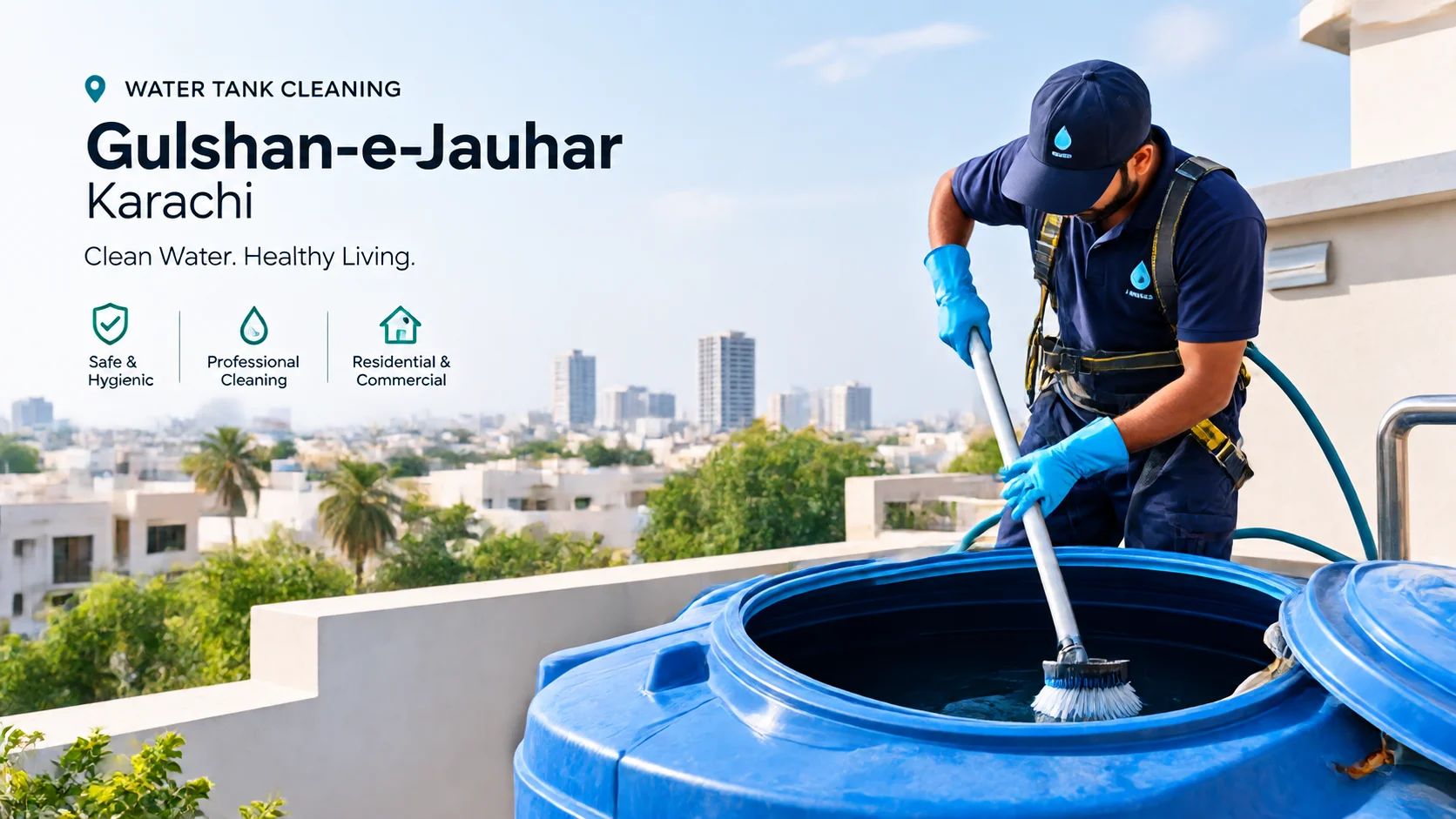 Khan Tank Cleaning crew cleaning a shared underground water tank at an apartment building in Gulshan-e-Iqbal, Karachi