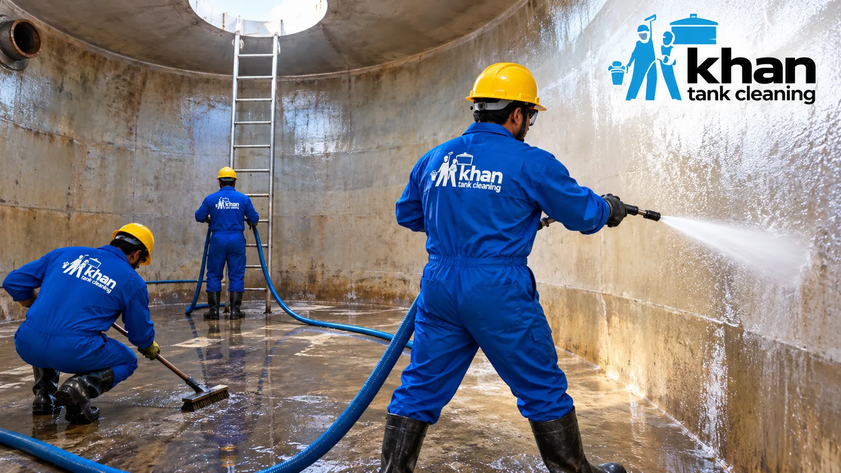 Khan Tank Cleaning team cleaning an underground water tank in Karachi