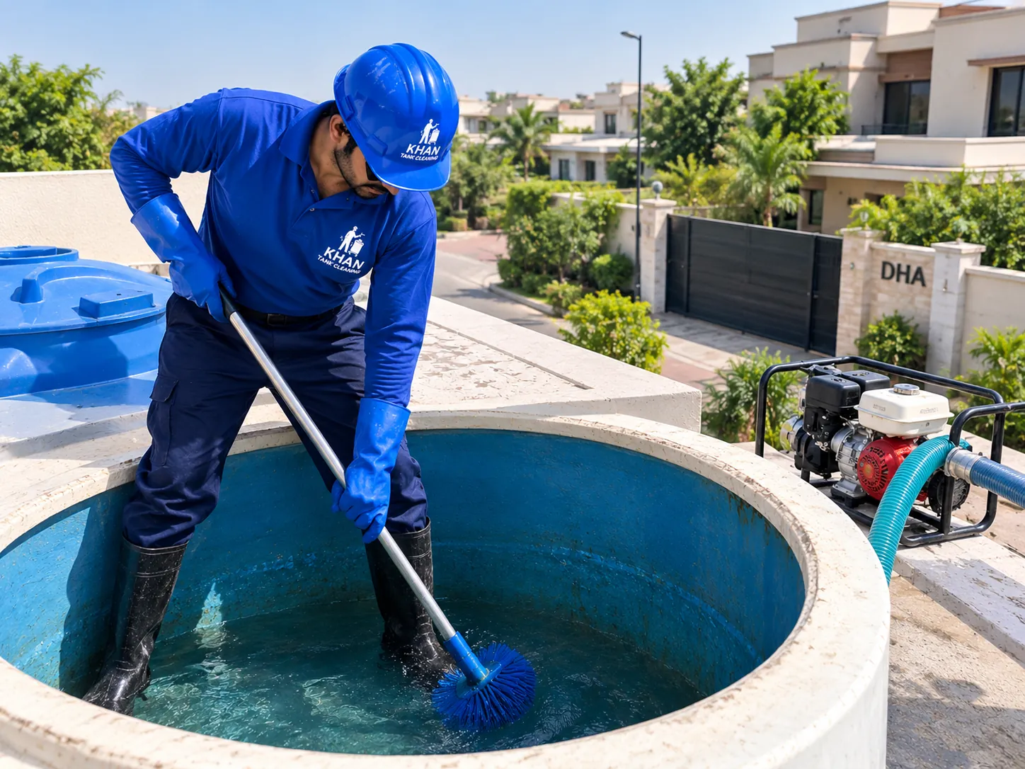 Khan Tank Cleaning crew cleaning a water tank in DHA, Karachi