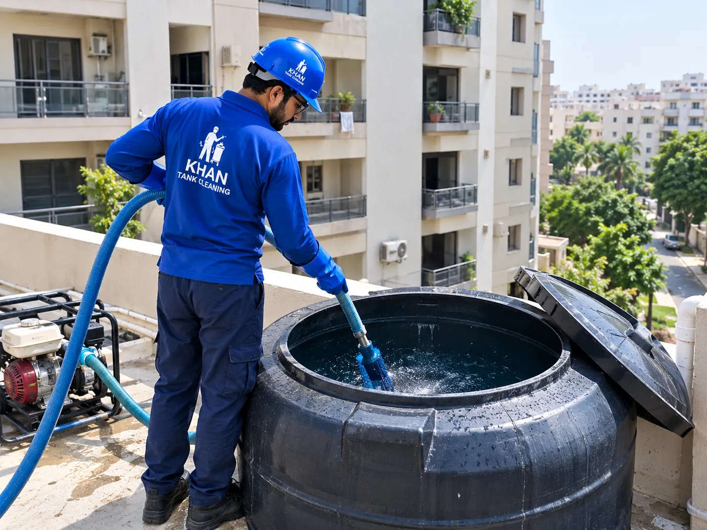 Khan Tank Cleaning crew cleaning a water tank in Gulshan-e-Iqbal, Karachi