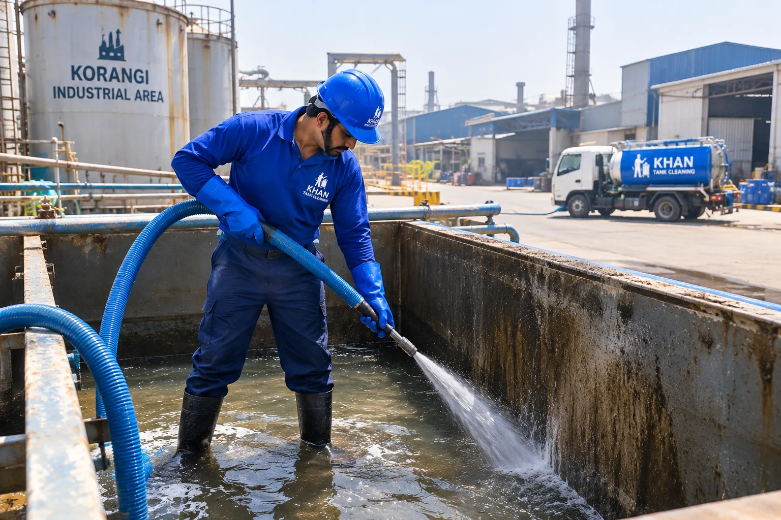 Khan Tank Cleaning crew cleaning a water tank in Korangi, Karachi