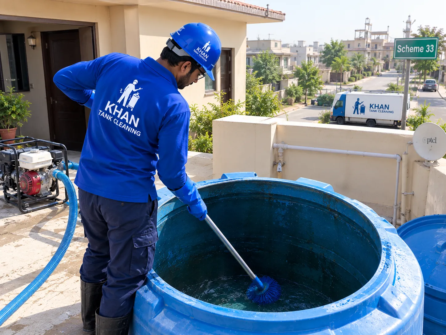 Khan Tank Cleaning crew cleaning a house water tank in Scheme 33, Karachi