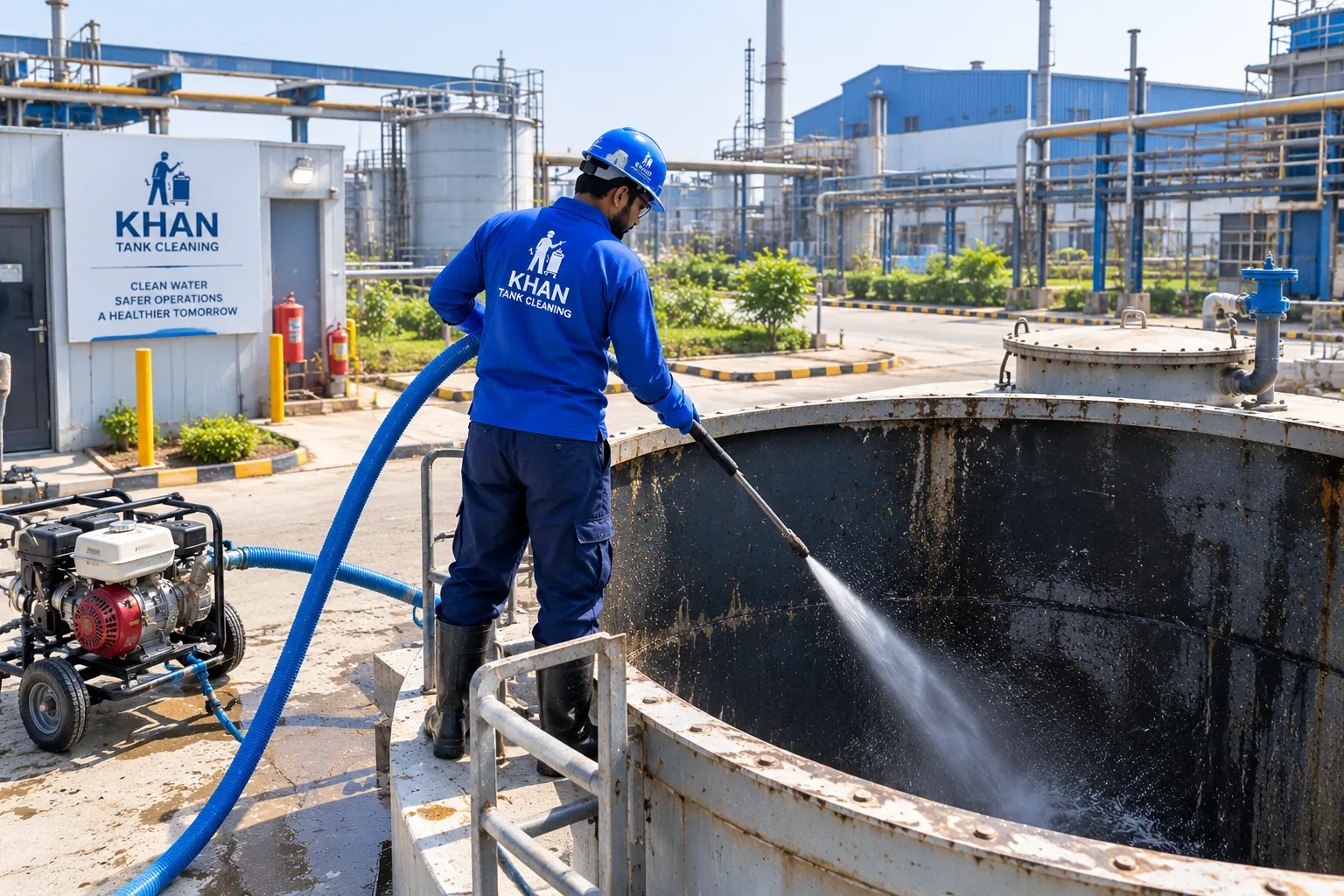 Khan Tank Cleaning crew cleaning a factory water tank in SITE Area, Karachi