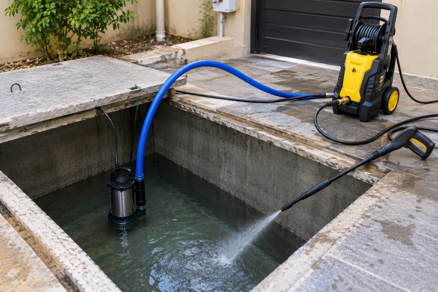 Khan Tank Cleaning pressure washer and sludge pump set up beside a water tank in Karachi