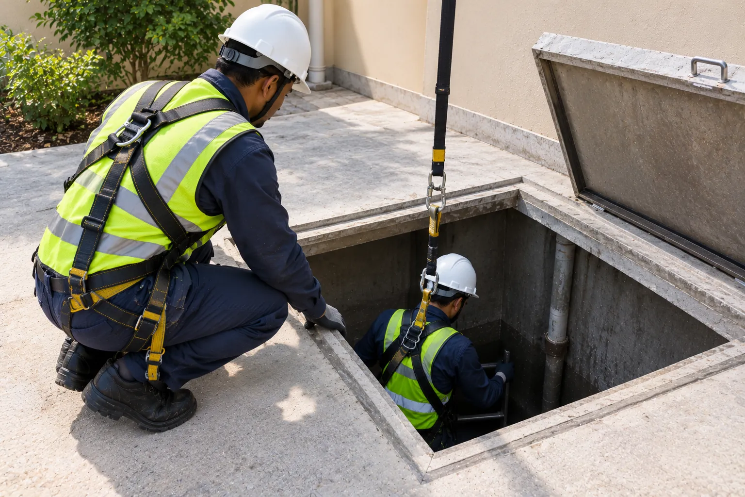 Khan Tank Cleaning worker at the hatch of an underground water tank while a colleague works inside